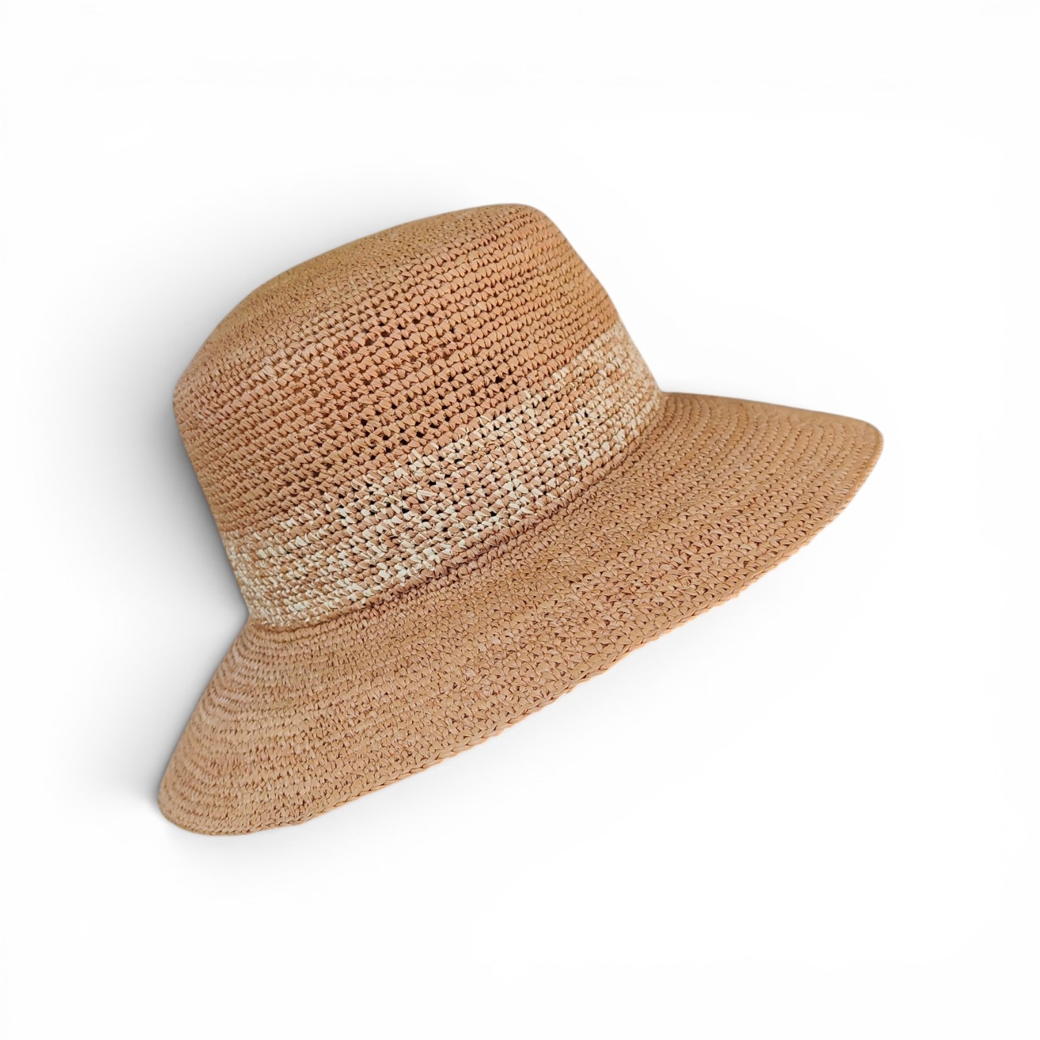 Luxury crochet bucket hat handcrafted in Ecuador from natural woven straw in a refined summer style for women.